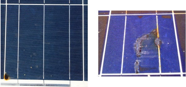 Two different examples of observed cell damage related to a hot spot on a crystalline-silicon module