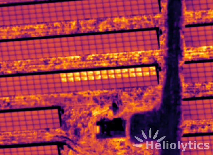 Aerial Infrared image (yellow hot) where half of a string is in short-circuit